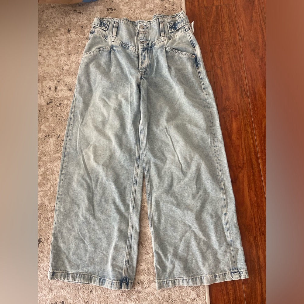 NWOT Free People Light Blue Care FP Super Sweeper Wide Leg Jeans Sz M baggy - Picture 10 of 16